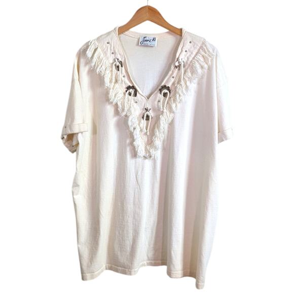 Joanie W. Vintage Southwestern Ivory White Concho Fringe Women’s Oversized Top - Picture 1 of 11